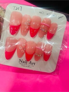 Nail Art Press-On Nails - Hot Pink French Tip with Rhinestones handmade